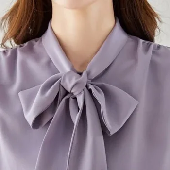 2023 Пролетно-есенен шал яка в стил мозайка, дантела копчета, свободно намаляване на Елегантна дамска риза с дълъг ръкав и лък, открита ред, чрез шнурове