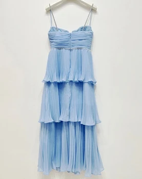 EVACANDIS Пролетно новост - женски шифоновое плиссированное рокля Midi син цвят без ръкави с отворен гръб, женствена рокля за торта, секси рокля на подтяжках