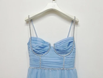 EVACANDIS Пролетно новост - женски шифоновое плиссированное рокля Midi син цвят без ръкави с отворен гръб, женствена рокля за торта, секси рокля на подтяжках