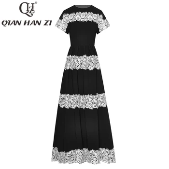 QHZ Предназначението на Пистата за кацане модно Винтажное на Макси рокля с къси ръкави за жени, луксозно Бельо шиене, черна вечерна дълга рокля