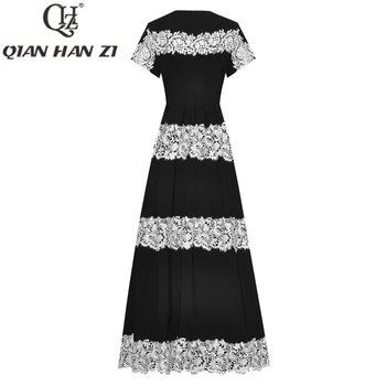 QHZ Предназначението на Пистата за кацане модно Винтажное на Макси рокля с къси ръкави за жени, луксозно Бельо шиене, черна вечерна дълга рокля