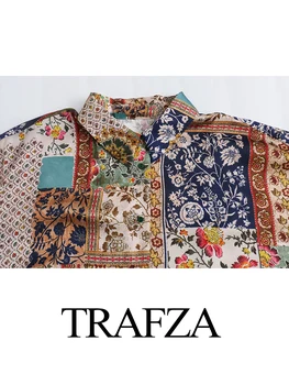 Дамска блуза TRAFZA с дълъг ръкав и принтом, пролетно елегантна дамска елегантна реколта однобортная Свободна риза с ревери, върхове, градинска облекло