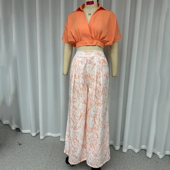 Дамски комплекти от две части Wefads, Сексуална риза със средния ръкав, елегантни широки панталони с флорални принтом, висока градинска облекло