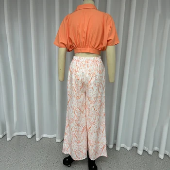 Дамски комплекти от две части Wefads, Сексуална риза със средния ръкав, елегантни широки панталони с флорални принтом, висока градинска облекло