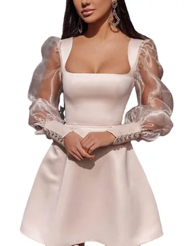 Дамско Модно рокля с дълъг ръкав и Квадратни деколтета, Vestidos, Обикновена Вечер Мини рокли за партита 2023, Есенен Дамски дрехи, Градинска търговия