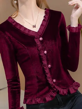 Есен-зима, мека обикновена върховете на копчета, тънка женска тениска с V-образно деколте, дълъг ръкав, Вътрешна украса полочиха, плиссированная дамски дрехи