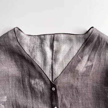 Есенна новост 2023 г., женска риза Ramie с микропрозрачным принтом средна дължина и V-образно деколте и Жасминово-виолетов цвят