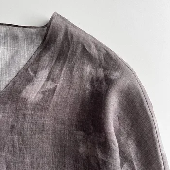 Есенна новост 2023 г., женска риза Ramie с микропрозрачным принтом средна дължина и V-образно деколте и Жасминово-виолетов цвят