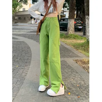 Зелени дънки Дамски Y2k Ежедневни Ins Модни Малка тълпа прави панталони с разрезными джобове и нитове, дънкови панталони с висока талия