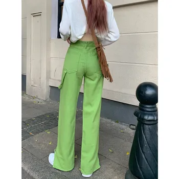 Зелени дънки Дамски Y2k Ежедневни Ins Модни Малка тълпа прави панталони с разрезными джобове и нитове, дънкови панталони с висока талия