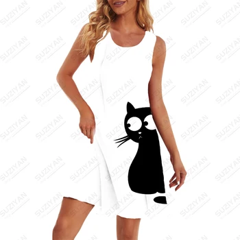 Лятното ново женствена рокля без ръкави с 3D принтом котки, женствена рокля без ръкави, модерно сладко ежедневното женствена рокля без ръкави