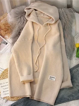 Нов модерен обикновен пуловер с качулка, вязаный пуловер за есента / зимата 2023, дамски свободна дамски дрехи, със средна дължина и дебелина