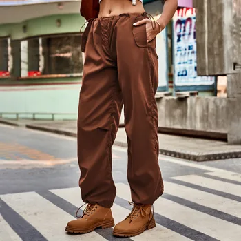Панталони-карго Y2K с ниска талия на експозиции, женски широки спортни панталони с джобове, Корейски реколтата, спортни панталони за градинска дрехи
