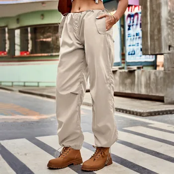 Панталони-карго Y2K с ниска талия на експозиции, женски широки спортни панталони с джобове, Корейски реколтата, спортни панталони за градинска дрехи