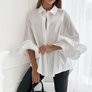 Пролетни обикновена блуза с отложным яка, тениски за крайградски пътувания, Дамски есенни офис тениски-жилетки, прости блузи-ризи с изгорени ръкави и копчета