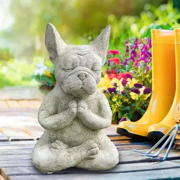 Статуята медитира Булдог от смола, Статуята на Медитирующей кучета, Статуя на Буда Дзен-кучета, Статуетка животински френски Булдог, Молитва, Интериор на тревата и във вътрешния двор.