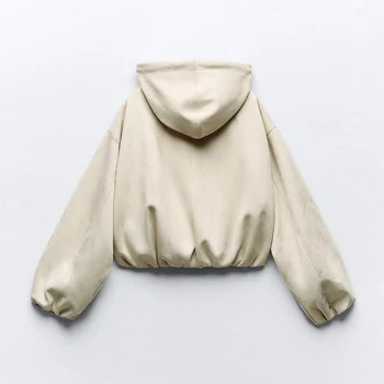 2024 Есенното яке с качулка, дамско палто с ефект текстура на велур, зимно дамско топло яке с цип с дълъг ръкав, връхни дрехи, палто