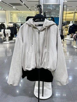 2024 Есенното яке с качулка, дамско палто с ефект текстура на велур, зимно дамско топло яке с цип с дълъг ръкав, връхни дрехи, палто