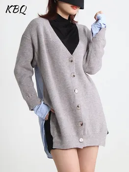 KBQ Случайни Однобортный жилетка за жени с V-образно деколте и дълъг ръкав, свободни възли пуловери хитового цветове, Женски есенен стил