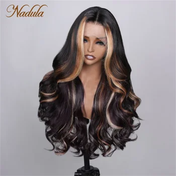 Nadula Hair 13x4 прозрачно Дантелено отпред Черно-лилава омбре с руси отблясъци, Многоцветен разход на перука с разхлабени вълни от човешка коса