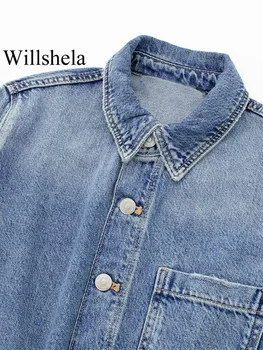 Willshela, дамски модни дънкови светло синьо однобортные тела, ретро силует с ревери и дълъг ръкав, женски шик женски гащеризон