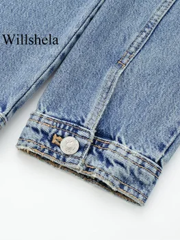 Willshela, дамски модни дънкови светло синьо однобортные тела, ретро силует с ревери и дълъг ръкав, женски шик женски гащеризон