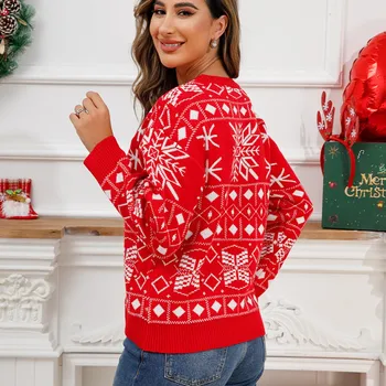 Жена Коледен пуловер с снежинками, свободен пуловер с кръгло деколте и дълги ръкави, червен вязаный пуловер, жилетка, дамски пуловер Pull Femme