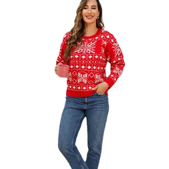 Жена Коледен пуловер с снежинками, свободен пуловер с кръгло деколте и дълги ръкави, червен вязаный пуловер, жилетка, дамски пуловер Pull Femme