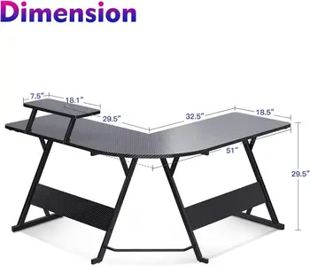 Игрална маса L-образна форма, Маса, изработени от Въглеродни влакна, кът бюро за Компютър с Рафт за монитор, Маса за геймъри с чаша, Черен / Бял, 51 инча