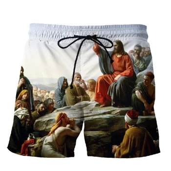 Къси панталони с 3D принтом на християнската вяра и на Исус За мъже и жени, Летни Плажни шорти, Топла разпродажба Улични плавок голям размер