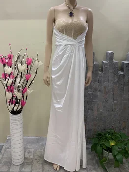 Луксозни рокли за абитуриентски бал, дамско елегантно секси бяло maxi-дълга рокля без презрамки с бежевыми топами, расшитыми мъниста, вечерни рокли в стил мозайка.