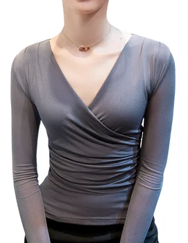 Модерен дамски блуза 2023, Есенна новост, всекидневни монофонични отгоре с V-образно деколте и дълъг ръкав, с подплата и вкара малко риза