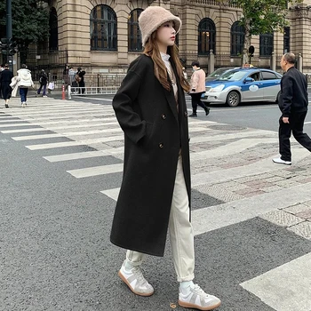 Модно двустранно кашемировое палто от смеси за жени 2023, есен-зима, Нова Корейска свободна яке със средна дължина, дамско палто