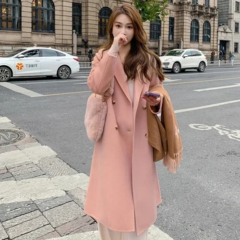 Модно двустранно кашемировое палто от смеси за жени 2023, есен-зима, Нова Корейска свободна яке със средна дължина, дамско палто