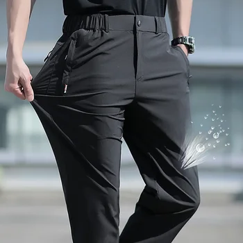 Мъжки летни панталони големи размери от ледената коприна Участък Дишащи панталони с прав штанинами 6XL Бързосъхнеща дъвка Черни панталони