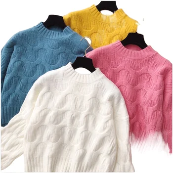 Нов обрат с кръгло деколте, Монофонични случайни Ретро мек вязаный женски пуловер с дълъг ръкав, Корейски модерен шик-пуловер, Женски скок