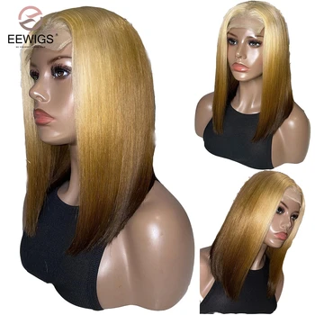 Синтетично омбре Меден Blond Плътност на 180 Директни 16-цолови къса перуки Боб-Pixie 13х4 с кружевными предните перуки травестит за жени