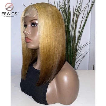 Синтетично омбре Меден Blond Плътност на 180 Директни 16-цолови къса перуки Боб-Pixie 13х4 с кружевными предните перуки травестит за жени