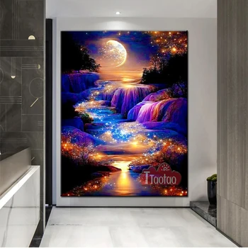 Фантастичен пейзаж с водопад, Диамантена живопис 5D, Направи си сам, Стенно художествено украшение, Бродерия бод, пълен квадрат, Кръг от кристал, мозайка, занаяти